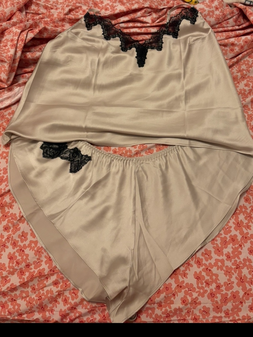 Victoria's Secret Cream Satin Camisole & Shorts with Black Lace